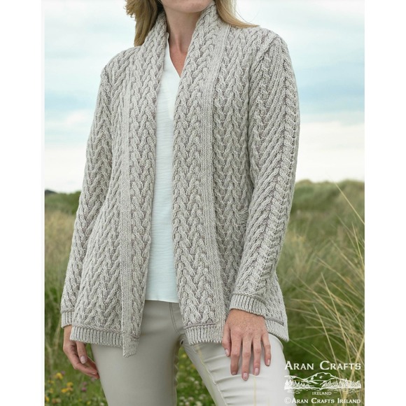 Aran Crafts Cardigan Sweater Women Ireland Merino Wool Neutral LONG Edge to Edge - Picture 15 of 16